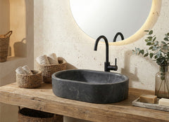 Luxury Dark Grey Natural Marble Vessel Sink, 23.6" Oval Matte Stone Basin, Solid One-Piece Carved, Above-Counter Vanity, Bowl for Master Bathroom (60cmx40cm)