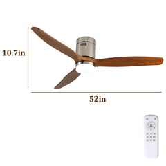 52 Inch Ceiling Fan with Light, 3 Light Walnut Solid Wood Blades,Remote Control,6-speed Reversible DC Motor for Living Room,Bed Room,Dining Room