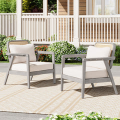 SET OF 2 Outdoor Acacia Wood Patio Club Chair, Patio Furniture,Waterproof Thick Cushion Deep Seating for Porch, Garden, Backyard, Balcony, Weight Capacity 400lbs, Light Gray finish, Cream cushion