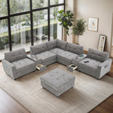 104'' Sectional Sofa with Acrylic Table Top,Chenille U Shaped Couch Set with 2 Consoles,USB Charger,Storage Drawers and Pockets,Movable Ottoman,Tufted Sofa for Living Room,Apartment,2 Colors