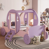 Twin size Princess Carriage Bed with Crown,Wood Platform Car Bed with Stair,Purple+Pink(old sku HL000054AAH)