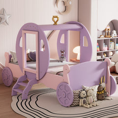 Twin size Princess Carriage Bed with Crown,Wood Platform Car Bed with Stair,Purple+Pink(old sku HL000054AAH)