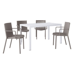 Holiday - 4pcs Warm Grey Stackable PP Armchair for Indoor/Outdoor Use – Ergonomic Slatted Back with 55 Inch White Modern Long Table - Indoor/Outdoor- Lightweight PP Tabletop with Metal