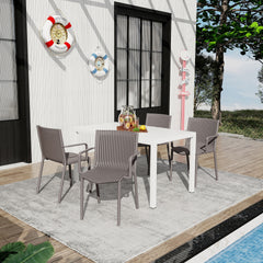 Holiday - 4pcs Warm Grey Stackable PP Armchair for Indoor/Outdoor Use – Ergonomic Slatted Back with 55 Inch White Modern Long Table - Indoor/Outdoor- Lightweight PP Tabletop with Metal