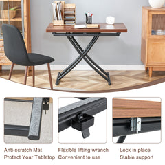 Modern minimalist multifunctional lift table with 0.8 inch thick MDF desktop and black metal legs, can be used as a dressing table, coffee table, dining table, and office table.Walnut textured desktop
