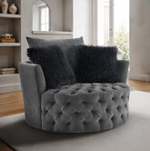 Dark Gray Finish Transitional Style 1pc Button Tufted swivel Round Chair Barrel Style Arms Scattered back Pillow Primary Living Room