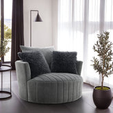 Transitional Style 1pc Channel Tufted Swivel Round Chair Scattered Back Pillow Dark Gray Finish Primary living Room