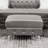 Transitional Style Square Ottoman With Steel Leg Chrome Plated and Button Tufted Gray Finish