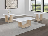 3pc Modern Cocktail Set Coffee Table End Table Luxurious White Faux Marble Top Angular White Oak Base Wooden Living Room Furniture
