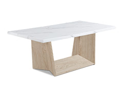 3pc Modern Cocktail Set Coffee Table End Table Luxurious White Faux Marble Top Angular White Oak Base Wooden Living Room Furniture