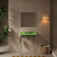 VICI 28" Bathroom Console Sink, Wall-Mounted Green Ceramic Vanity Basin with 3 Pre-drilled Faucet Holes, Freestanding Stainless Steel Support Legs with Towel Bar, No Faucet & Sink Cover, Chrome Color