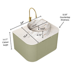DINA 24" Bathroom Vanity with Sink, Wall-Mounted Floating Curved Edges Striped Bathroom Storage Cabinet with Drawer, White Round Ceramic Basin with Stone Pattern, Pre-assembled, Light Green Color