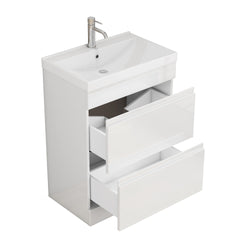 24-inch Bathroom Vanity With Sink Combo, 2 drawers Bathroom Cabinet,Quickly Assemble Free Standing Bathroom Cabinet, Soft-Close System,Unique Thick-Edged Ceramic Basin,Handle free design,Glossy White