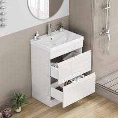 24-inch Bathroom Vanity With Sink Combo, 2 drawers Bathroom Cabinet,Quickly Assemble Free Standing Bathroom Cabinet, Soft-Close System,Unique Thick-Edged Ceramic Basin,Handle free design,Glossy White
