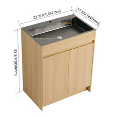 28" Freestanding Bathroom Vanity / Laundry Utility Cabinet, w/ Stainless Steel Sink and Flexible Drain Pipe, 2-Soft Close Door, Oak, Plywood, KD-Packing