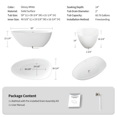 59" Freestanding Solid Surface Bathtub, Stone Resin Freestanding Soaking Bathtub with Overflow and Pop-up Drain, Glossy White TH-25S02-59GW