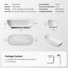 63" Freestanding Solid Surface Bathtub, Luxury Engineered Stone Resin Freestanding Soaking Bathtub with Overflow and Pop-up Drain for Contemporary Bathroom, Glossy White TH-25S03-63GW