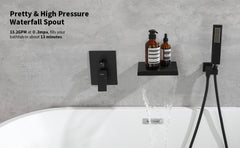 Male NPT Tub Faucet with Hand Shower, Matte Black Waterfall Bathtub Shower Faucet Set, Wall Mount Tub Shower System with Solid Brass Rough-in Valve Shower Trim Kit