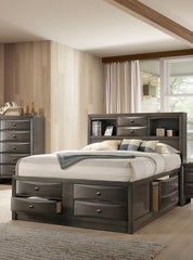 Contemporary Eastern King Size Bed W Footboard Drawers Headboard Bookcase Gray Color 1pc Bed Bedroom Furniture