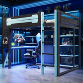 Full Size Wood Loft Bed with Desk, Shelves, Power Outlet & USB/Type-C Ports, , and RGB Light, Black+Blue