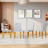4-piece set of light grey PU dining chairs: ergonomically designed buckle backrest, 35 inches high, gold metal legs, combining comfort and texture.Suitable for family restaurants, banquet hall, etc.