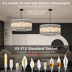 37" Modern Black Round Chandelier,2-Tier 8-Light Water Ripple Crystal Glass Chandeliers,for Dining Room,Living Room,Bedroom,High Ceiling,Foyer Entryway,Luxury Chandelier
