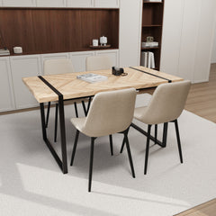 59" MDF light wood dining table and modern dining chair 4-piece set, medieval wooden kitchen dining table set, rectangular metal base, dining table and suede chair
