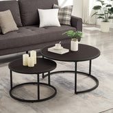 Modern Faux Leather Nesting Round Coffee Table with Black Metal Base,Accent Tea Table for Living Room Set of 2 -Dark Brown