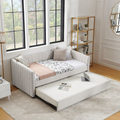 Twin Size Daybed with Trundle Upholstered Sofa Bed, with Vertical Stripes, Linen Fabric, Beige (82.5"x43"x30")