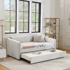 Twin Size Daybed with Trundle Upholstered Sofa Bed, with Vertical Stripes, Linen Fabric, Beige (82.5"x43"x30")