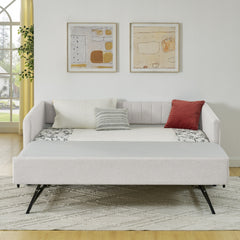 Twin Size Daybed with Trundle Upholstered Sofa Bed, with Vertical Stripes, Linen Fabric, Beige (82.5"x43"x30")