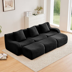 Three-Seat Boneless Sofa High-Quality Teddy Fabric ,No assembly required Curved armrest Anti-slip Design Ergonomic design, Assembly Chaise 32D High Density Sponge living rooms media rooms,Black