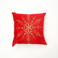 Golden Bead Embroidered Snowflake Cushion - 18 X 18 Inch