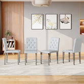 4-piece set of light grey PU dining chairs: ergonomically designed buckle backrest, 35 inches high, silver metal legs, combining comfort and texture.Suitable for family restaurants, banquet hall, etc.