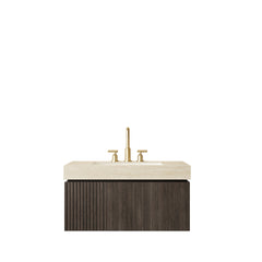 MURI 36" Bathroom Vanity&Sink, Floating Plywood Storage Cabinet with Drawer&Door, Roma Travertine Sintered Stone Top&Ceramic Basin with 3 Pre-drilled Faucet Holes, Pre-assembled, Espresso Woodgrain