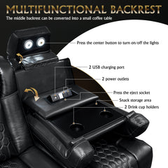 86.6"Power Recliner 3 PC Made WithTop-Grain Nappa,Fully Adjustable Relaxation,Smart Charging,Dynamic RGB LED Lighting,BLACK