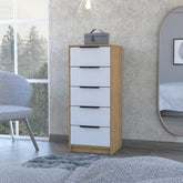 Kaia 5 Drawer Dresser, Vertical Dresser -White / Pine