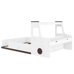 Full Size Floor Bed with Interesting Car-shape Design, Kids Car Floor Bed with Storage Drawers, Window, and Desk, Childlike Design, White