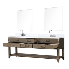 Grey Oak Double Bath Vanity 84 in. W x 22 in. D, Carrara Marble Top, Faucet Set, and 36 in. Mirrors
