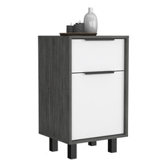 Nightstand 27" H, One Drawer, Storage with Door, Four Legs, Smokey Oak / White