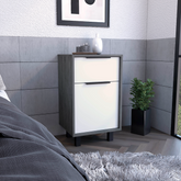 Nightstand 27" H, One Drawer, Storage with Door, Four Legs, Smokey Oak / White