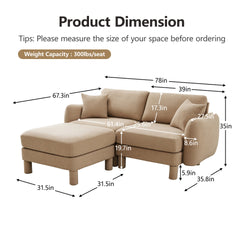 Boucle Fabric Sectional 2-seater Loveseat Sofa Couch With Distinctive Shell-shaped Armrests And Removable Ottoman,Cylindrical Legs Wrapped with Self-fabric,Coffee Color