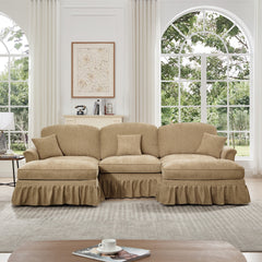 Classic Comfy Modular U Shape Sectional Sofa Couch with Flared Arms and Removable Ruffles Pleats Skirts and Spindle Legs, Upholstered Chenille Deep Seat Cloud Sofa with Movable Ottomans, Light Coffee
