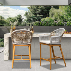 Bar Stools Set of 2 with Arm and Backrest, Outdoor Counter Height Bar Chairs with Cushion, Aluminum Tall Bar stools Modern Textilene Rope Boho Barstools for Garden, Pool, Patio, Kitchen-Rounded Backre