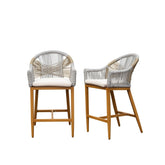 Bar Stools Set of 2 with Arm and Backrest, Outdoor Counter Height Bar Chairs with Cushion, Aluminum Tall Bar stools Modern Textilene Rope Boho Barstools for Garden, Pool, Patio, Kitchen-Rounded Backre