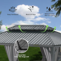13x15FT Outdoor Gazebo, Hardtop Gazebo with Galvanized Steel Double Roof, Metal Gazebos with Drainage System Patio Pergola for Patio Deck Backyard,Curtain and Netting,Gray