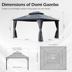 13x15FT Outdoor Gazebo, Hardtop Gazebo with Galvanized Steel Double Roof, Metal Gazebos with Drainage System Patio Pergola for Patio Deck Backyard,Curtain and Netting,Gray