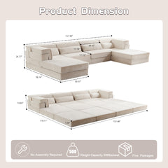 Compression Mahjong Sofa,Convertible Floor Sofa Bed,DIY Boneless Modular Sectional Sofa,No Assembly Required,Circle fleece fabric,Oversized 4 Seater with 2 Ottoman,White
