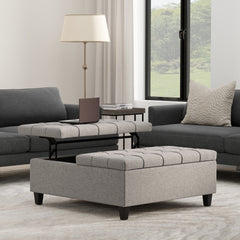 Harrison 40 inch Wide Large Square Coffee Table Storage Ottoman in Cloud Grey Linen Look Fabric
