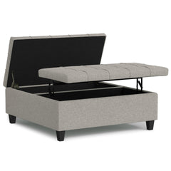 Harrison 40 inch Wide Large Square Coffee Table Storage Ottoman in Cloud Grey Linen Look Fabric